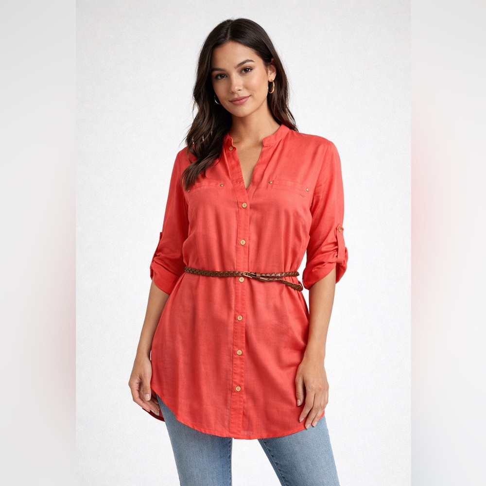 Guess Coral Button-Down tunic shirt  with Braided Belt